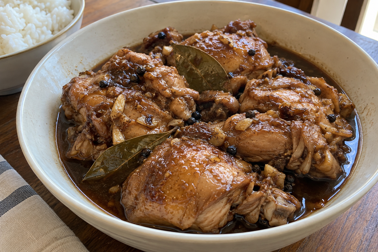 Chicken adobo with garlic and bay leaves