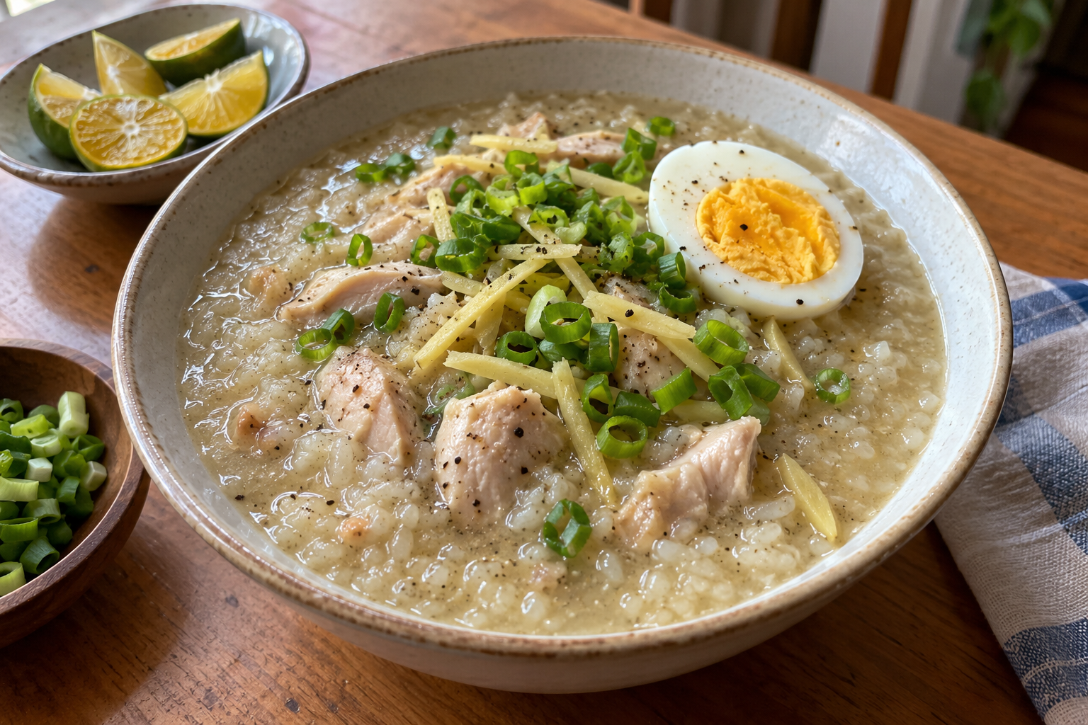 Chicken arroz caldo with egg and scallions