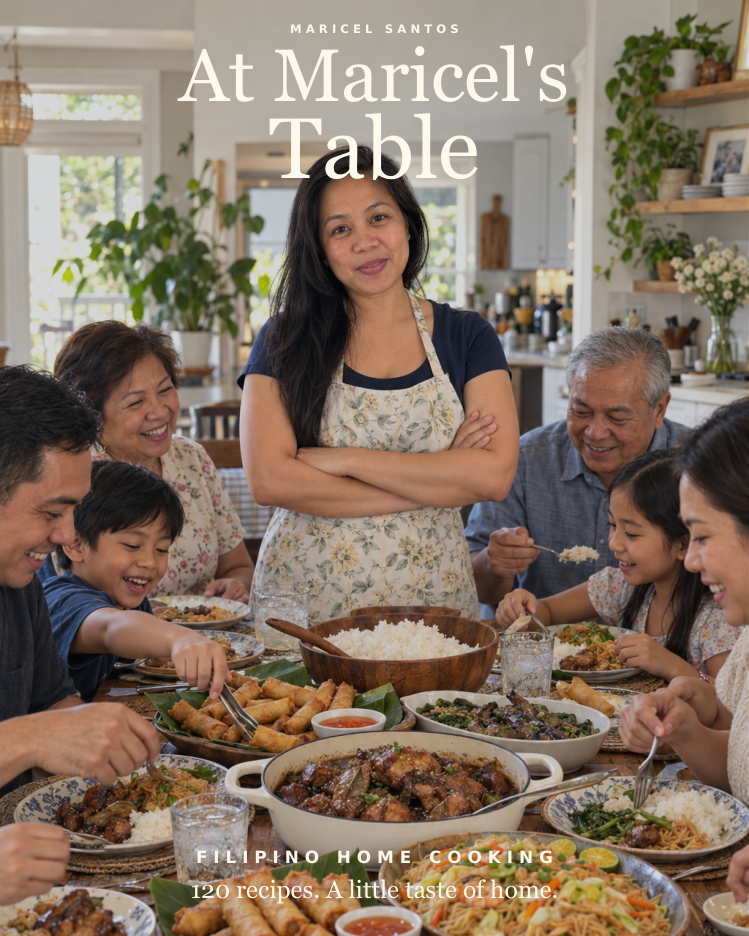 At Maricel's Table cookbook cover, featuring Maricel Santos with family at a Filipino dinner table